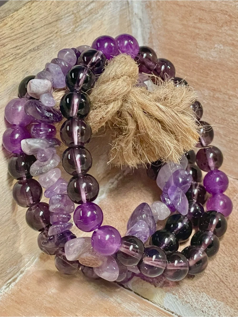 Handcrafted Natural Amethyst Multi-Strand Purple Beaded Stretch Bracelet Set